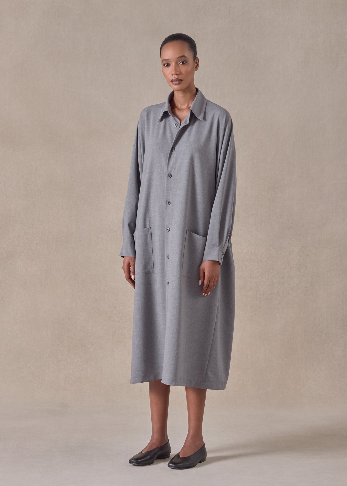 wool mix angle to front side seam shirt dress with collar