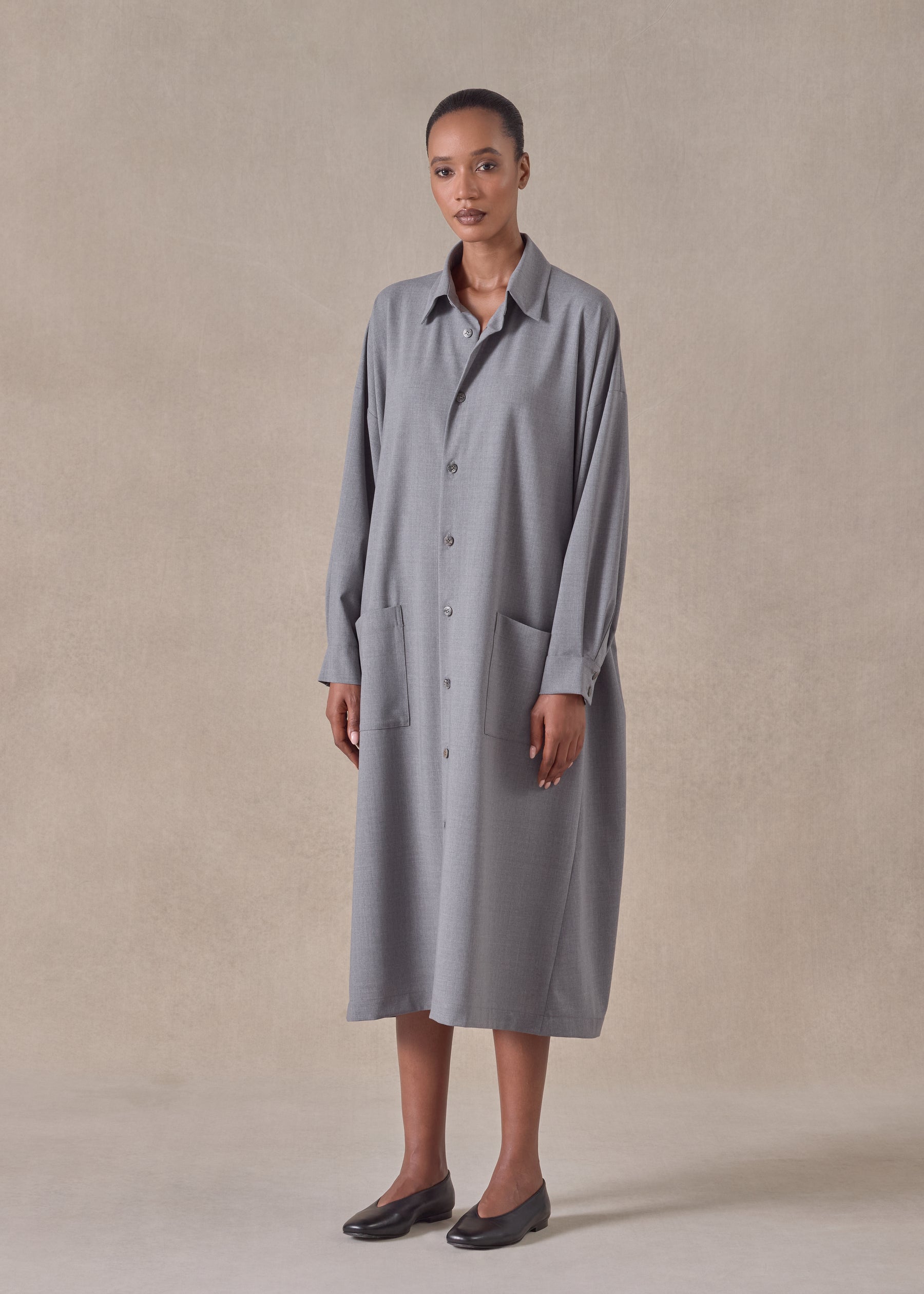 wool mix angle to front side seam shirt dress with collar
