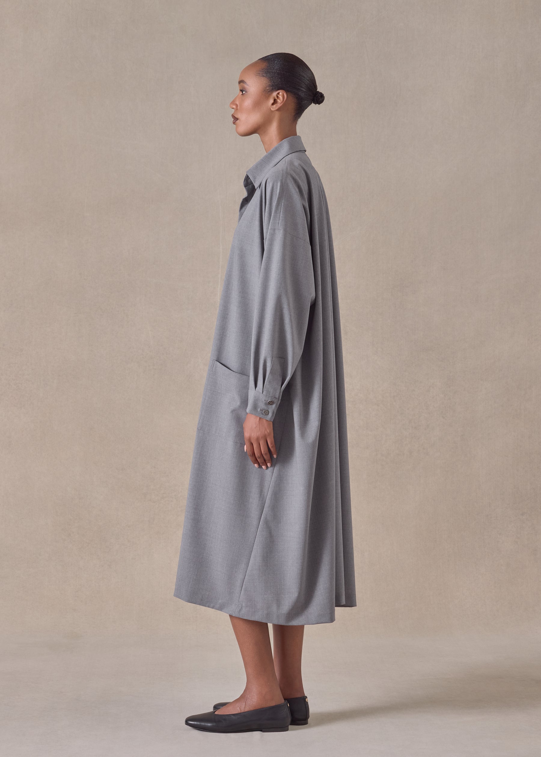 wool mix angle to front side seam shirt dress with collar