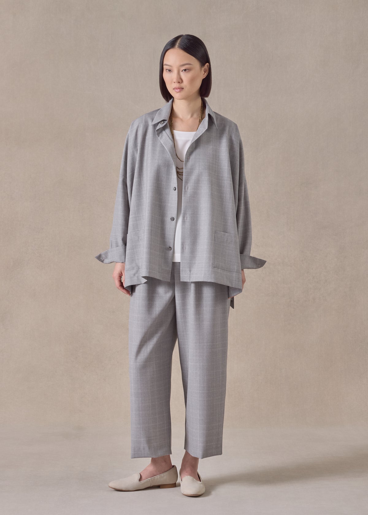 virgin wool wide longer back shirt jacket with collar - mid plus