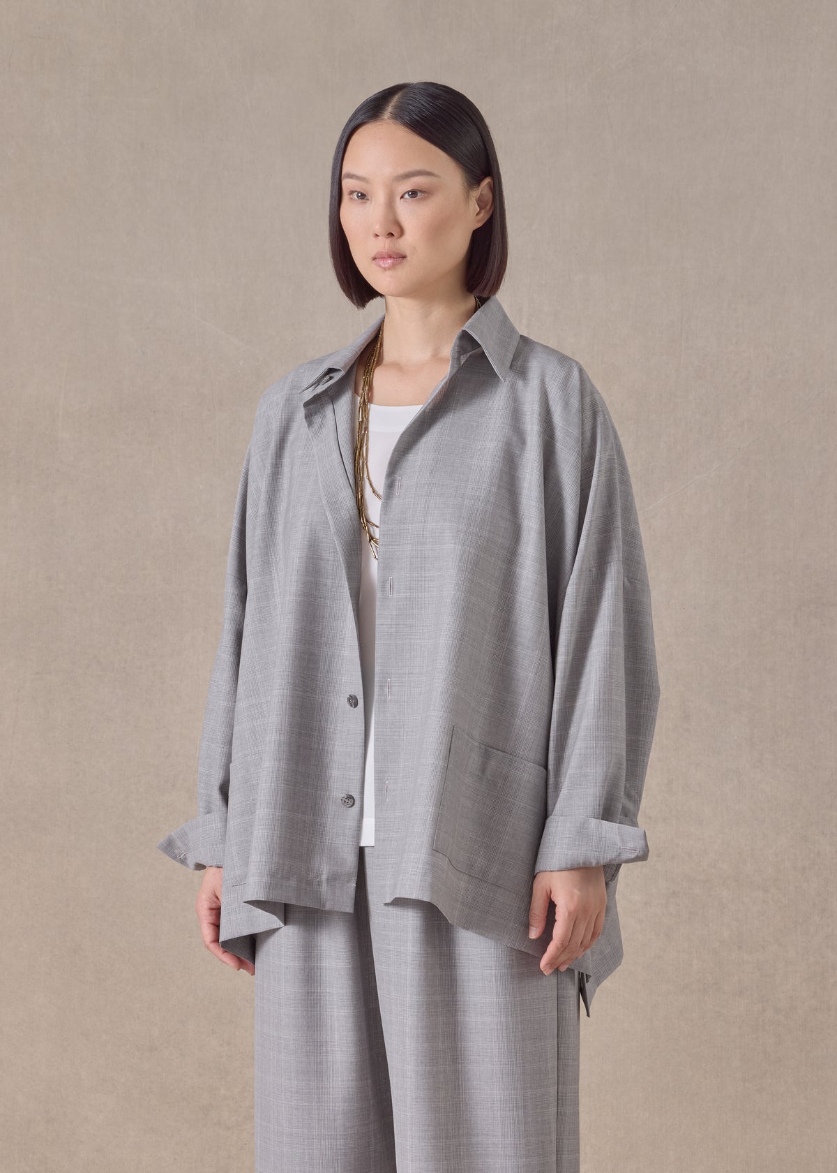 virgin wool wide longer back shirt jacket with collar - mid plus