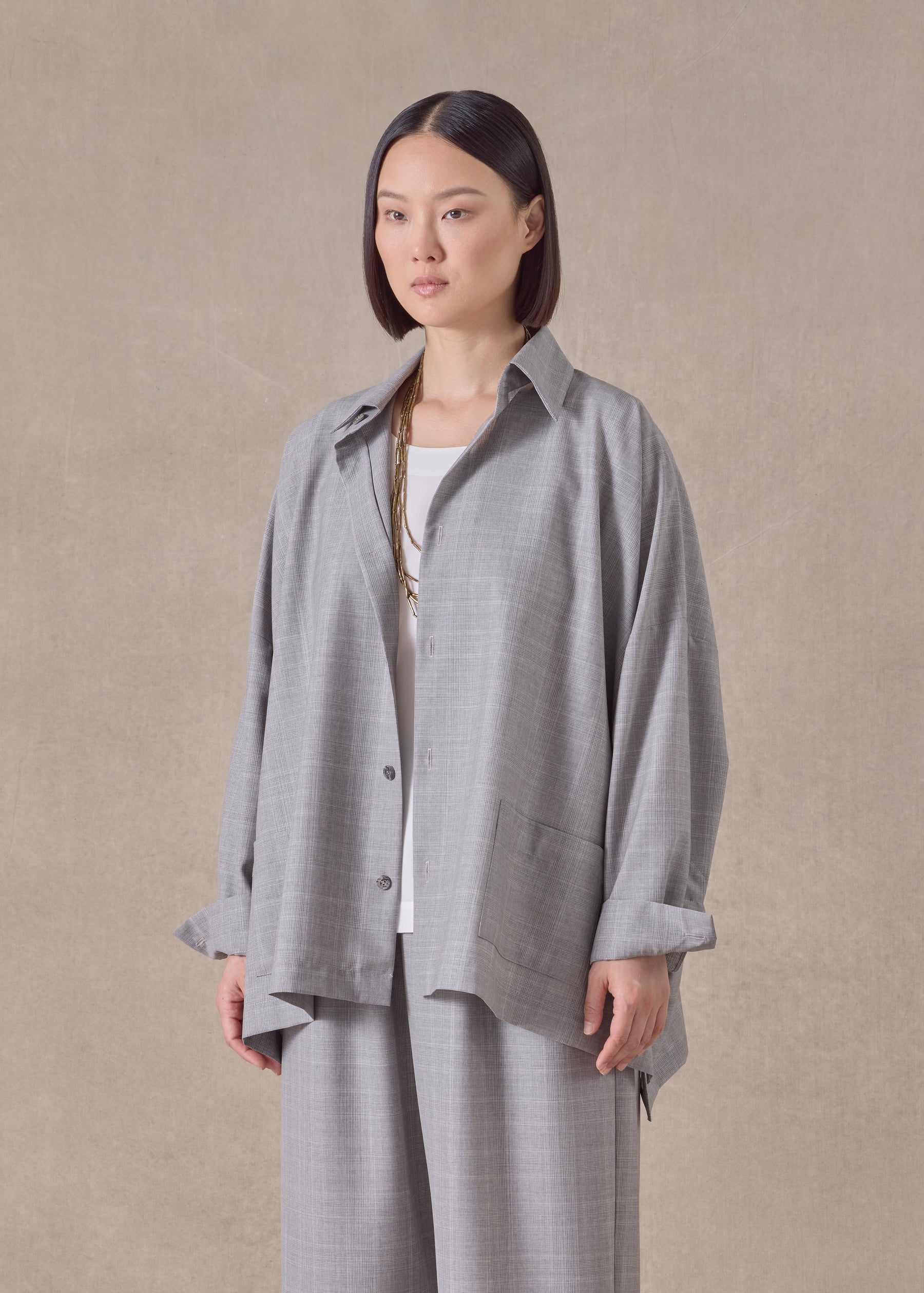 virgin wool wide longer back shirt jacket with collar - mid plus