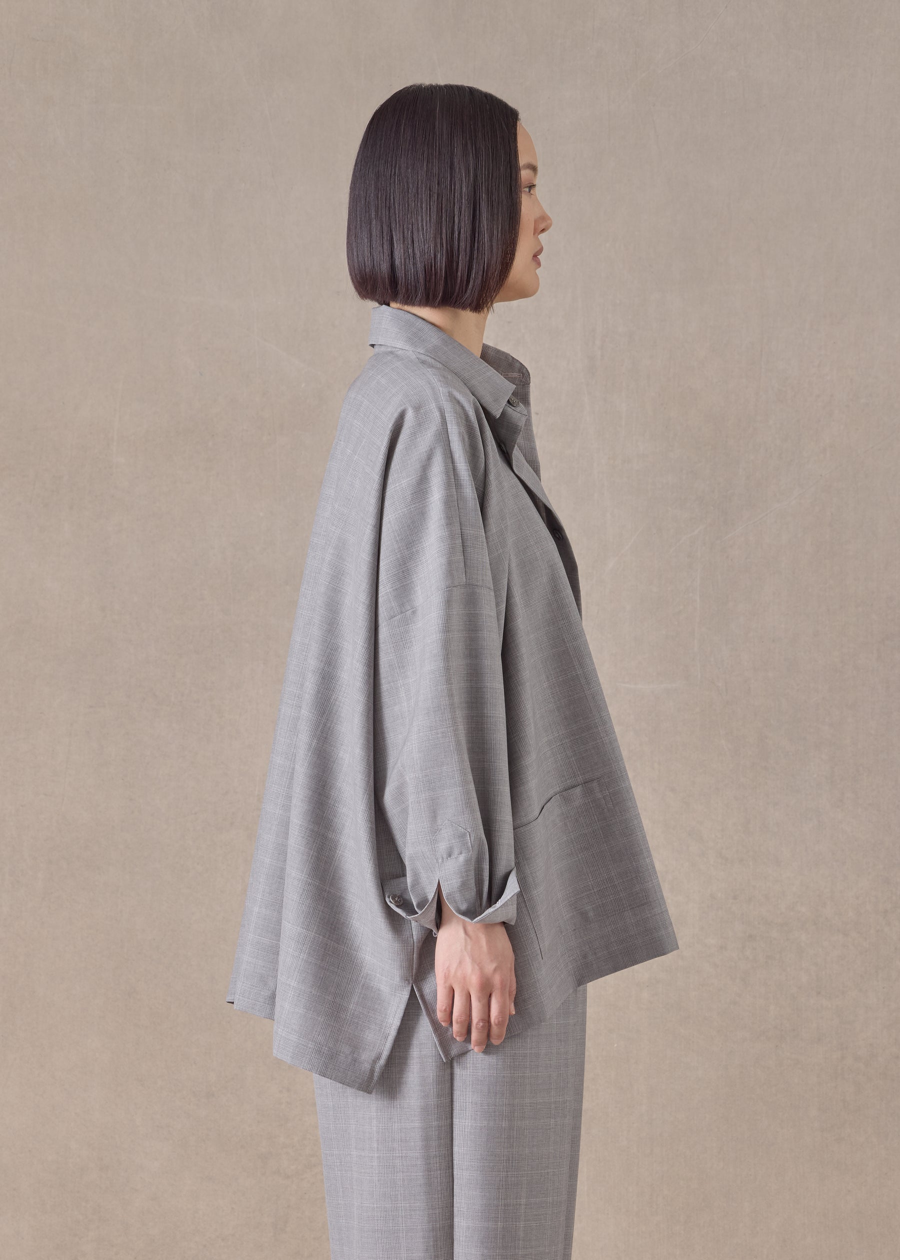 virgin wool wide longer back shirt jacket with collar - mid plus