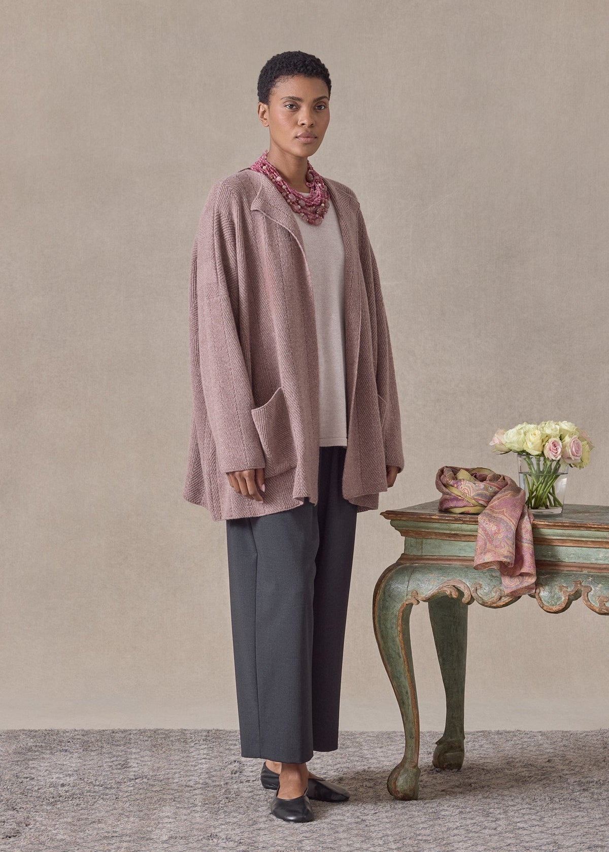 chevron rib cashmere jacket coat cardigan - mid plus (smokyquartz)