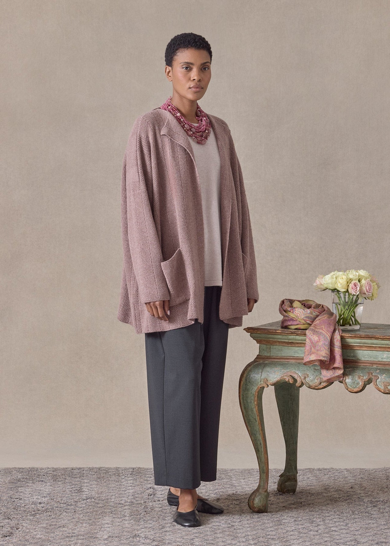 chevron rib cashmere jacket coat cardigan - mid plus (smokyquartz)