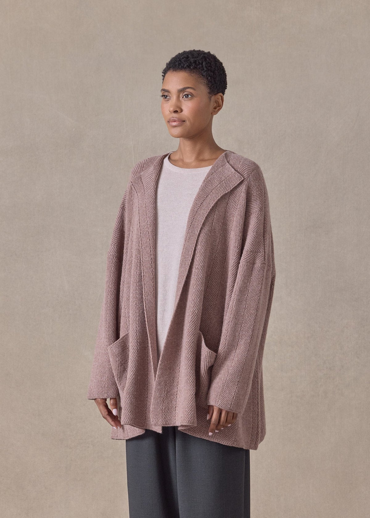 chevron rib cashmere jacket coat cardigan - mid plus (smokyquartz)