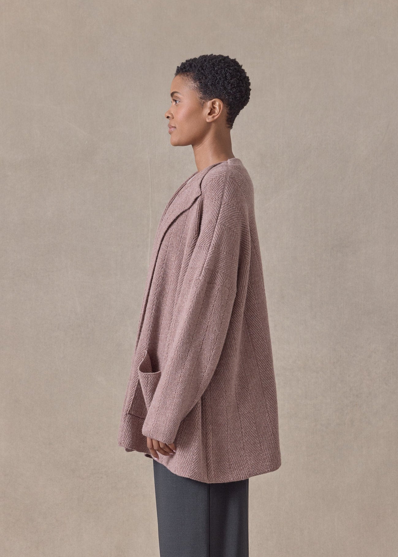 chevron rib cashmere jacket coat cardigan - mid plus (smokyquartz)