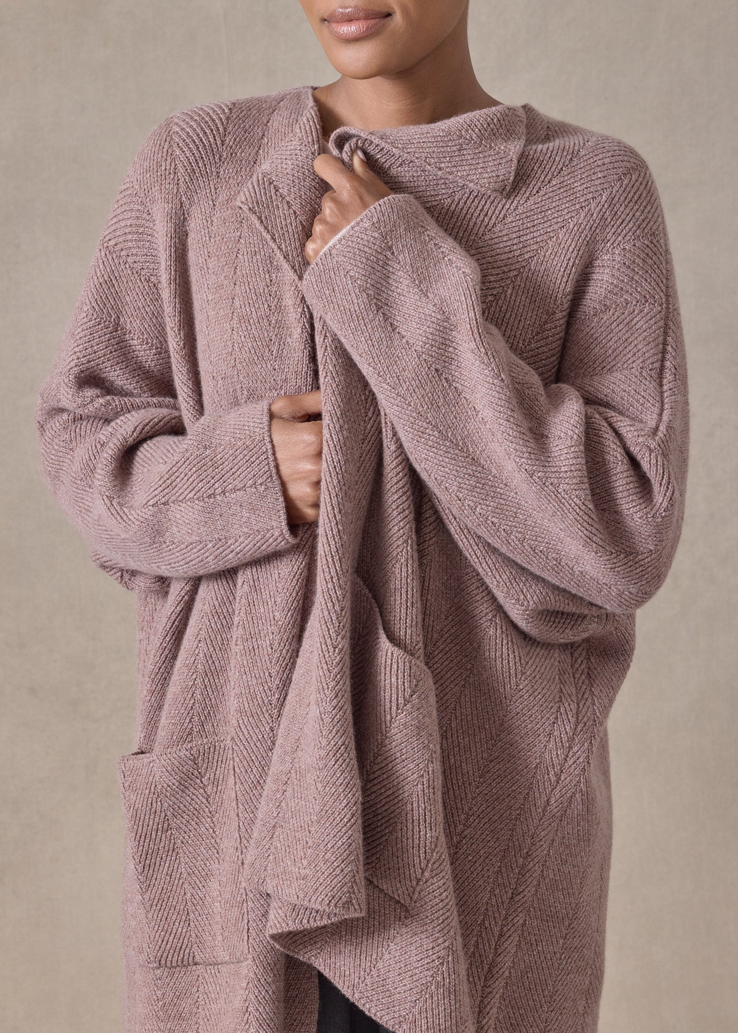 chevron rib cashmere jacket coat cardigan - mid plus (smokyquartz)