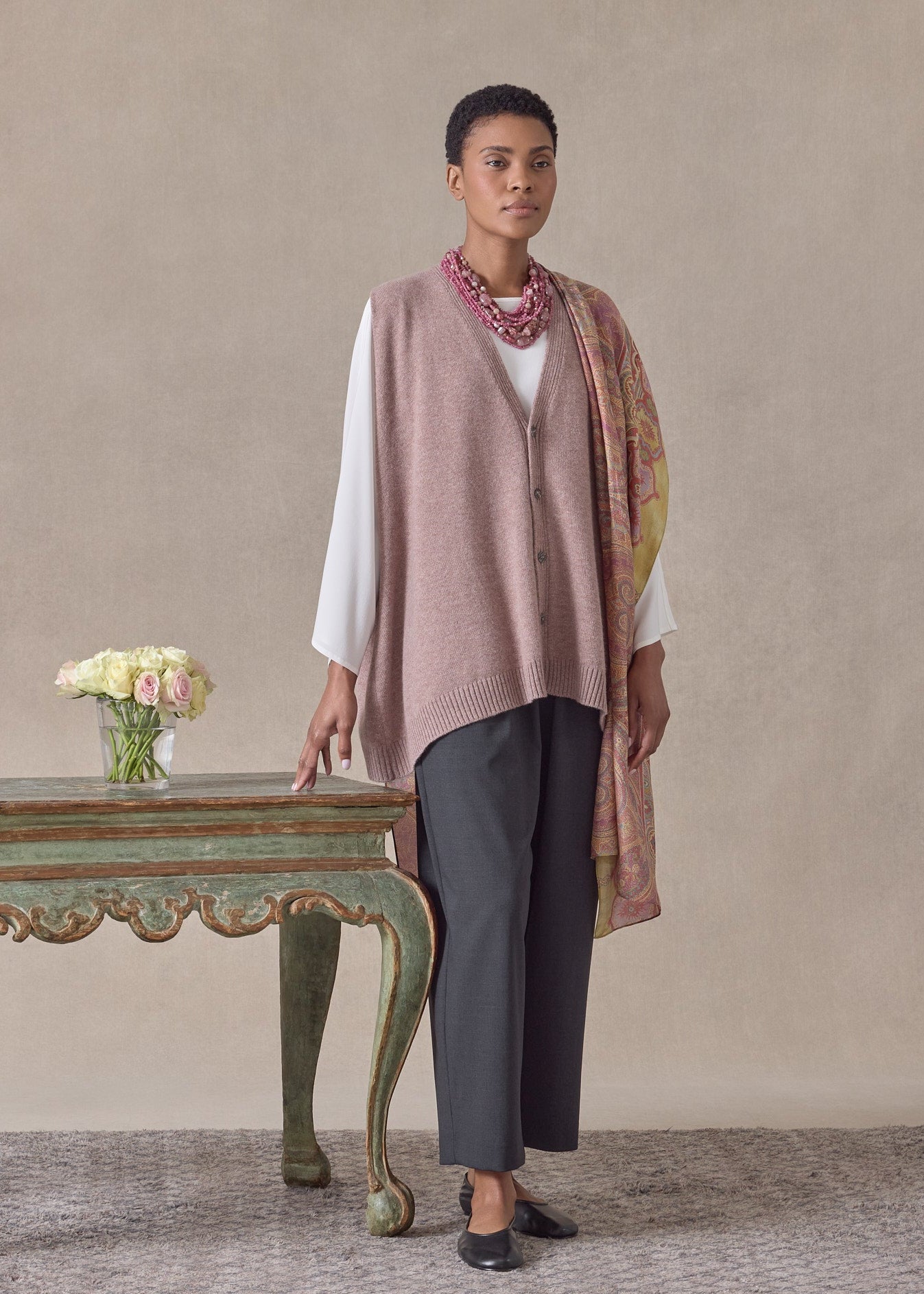 cashmere a-line sleeveless v neck cardigan - mid plus  (smokyquartz)