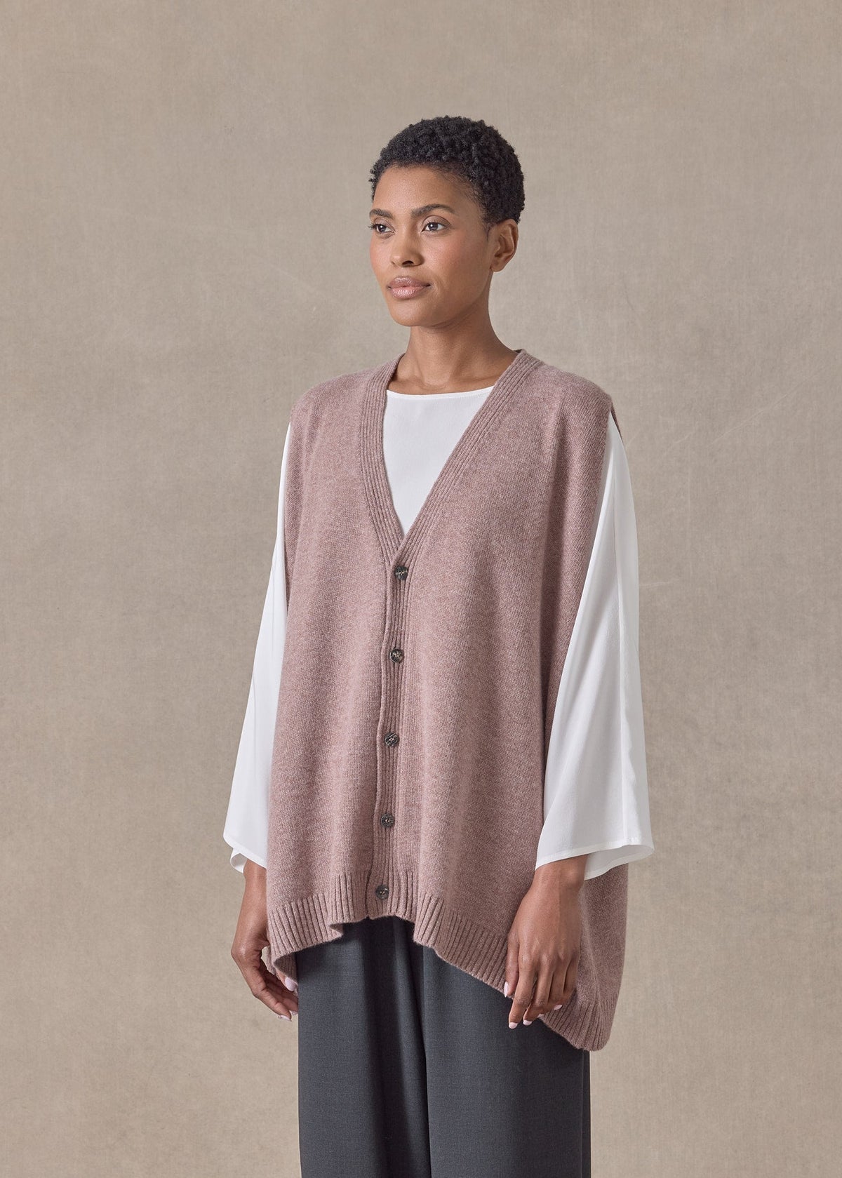 cashmere a-line sleeveless v neck cardigan - mid plus  (smokyquartz)