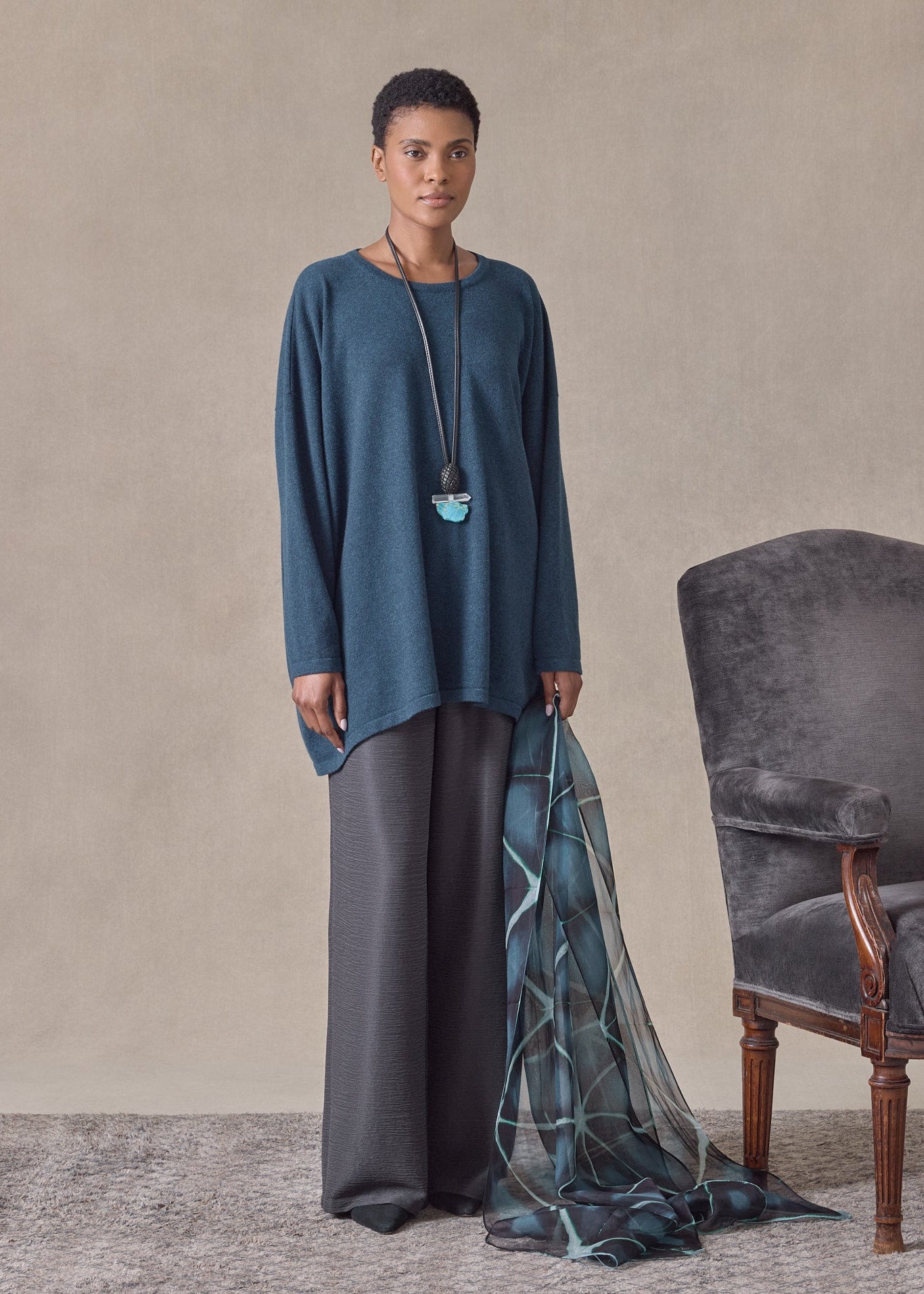 cashmere angle-to-front round neck - long (fairisle)