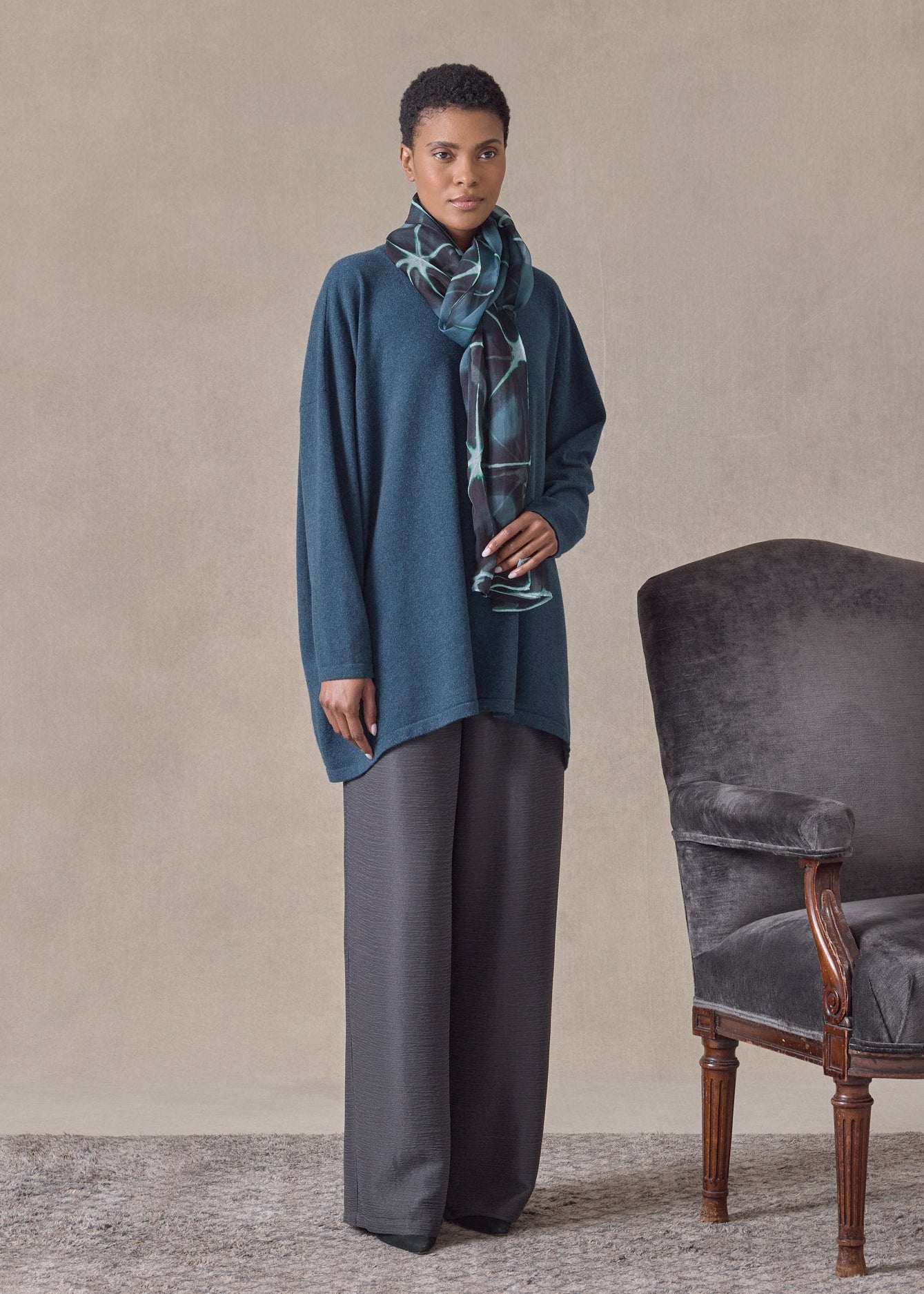 cashmere angle-to-front round neck - long (fairisle)