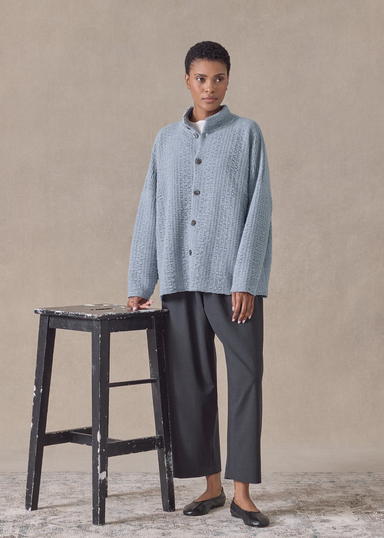 ripple cashmere 3/4 width high neck cardigan - mid (bluevintage)