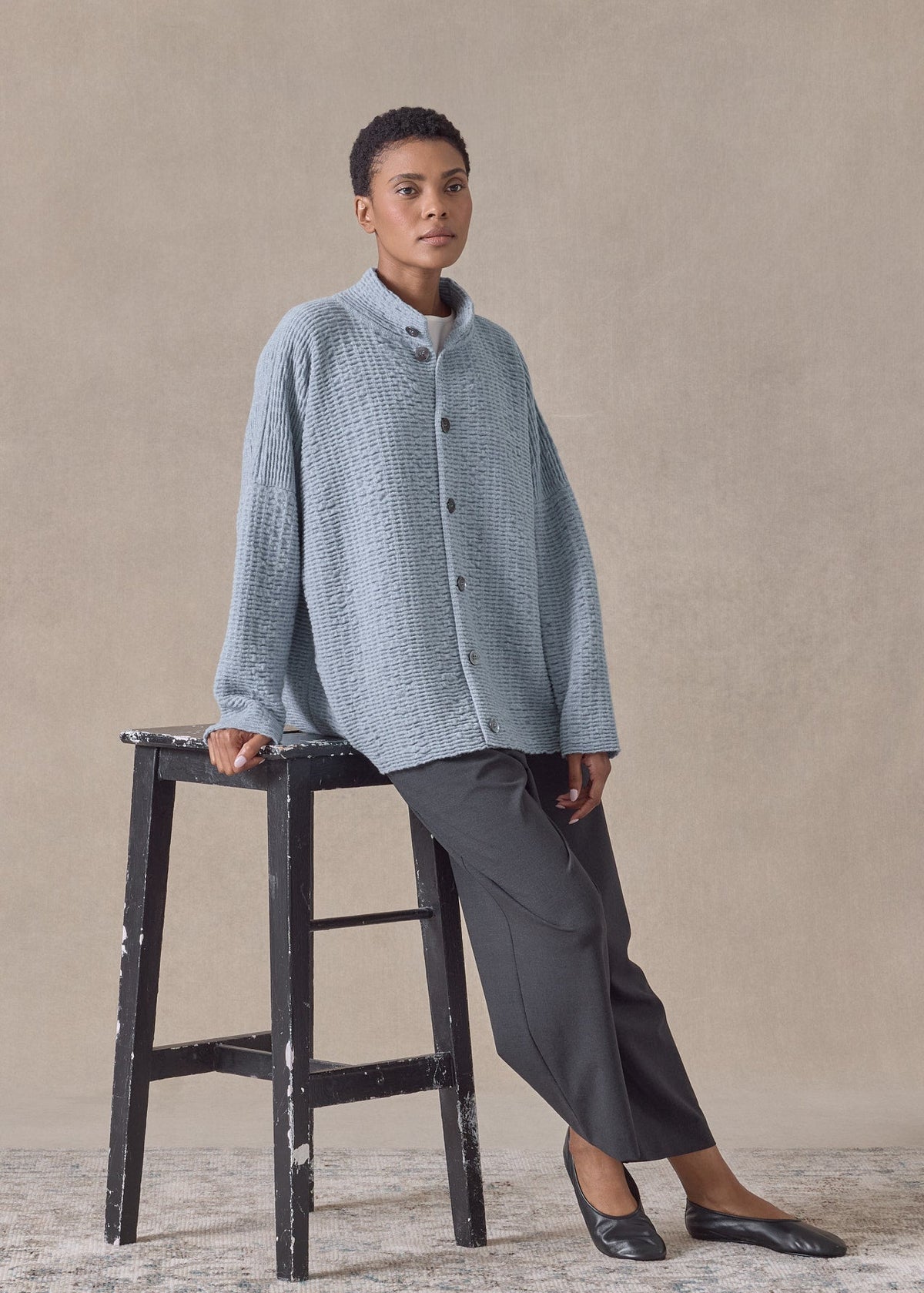 ripple cashmere 3/4 width high neck cardigan - mid (bluevintage)