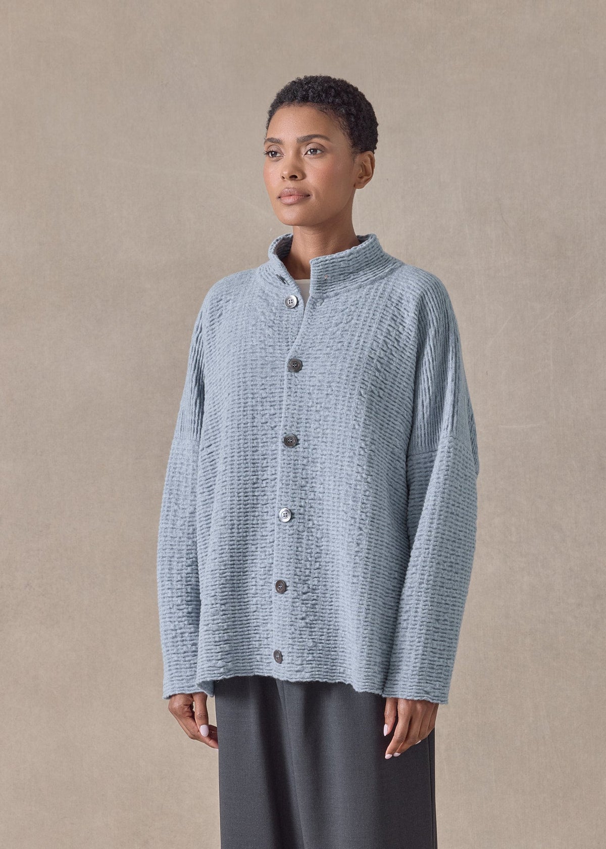 ripple cashmere 3/4 width high neck cardigan - mid (bluevintage)