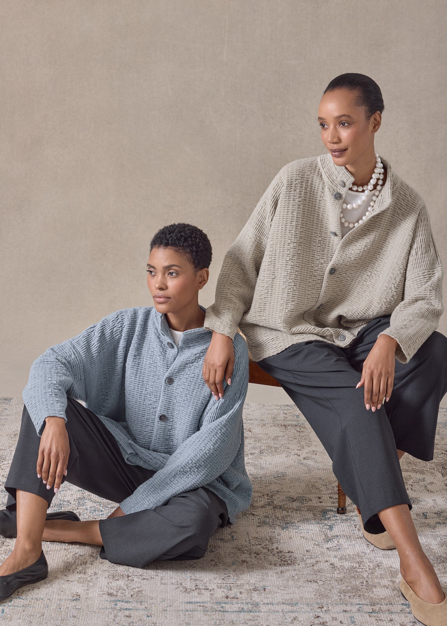ripple cashmere 3/4 width high neck cardigan - mid (gypsum)