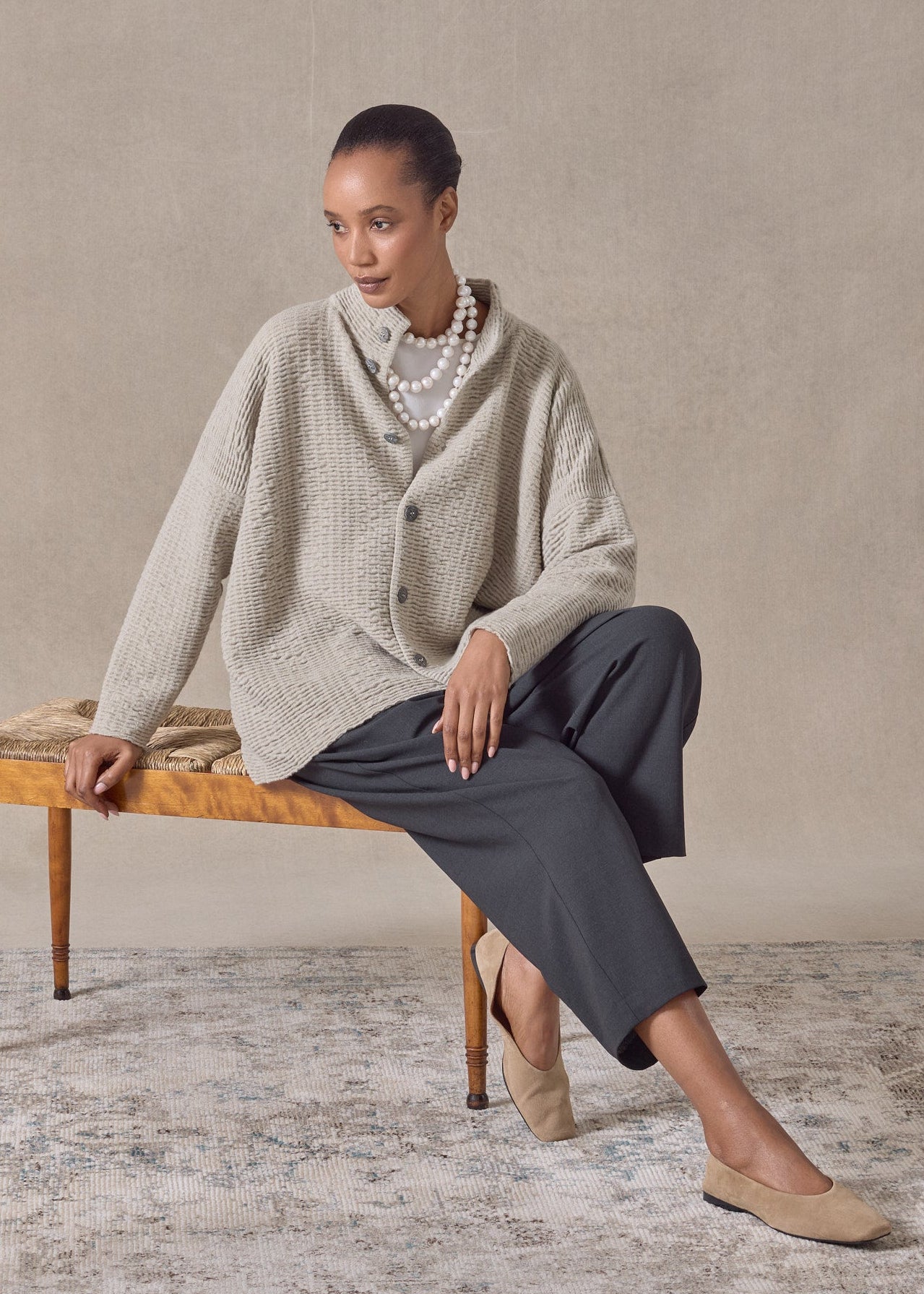 ripple cashmere 3/4 width high neck cardigan - mid (gypsum)