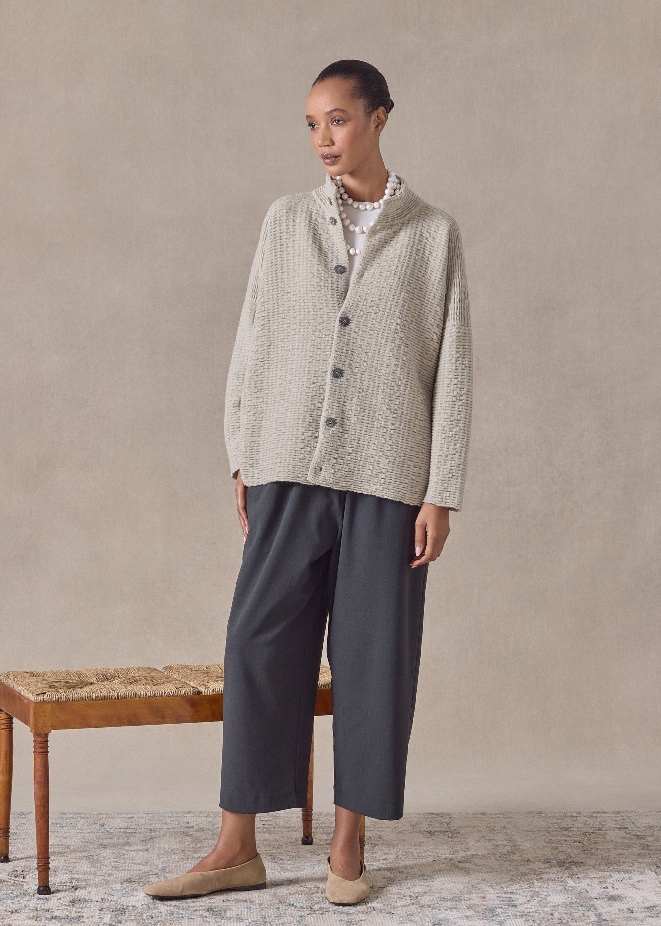 ripple cashmere 3/4 width high neck cardigan - mid (gypsum)