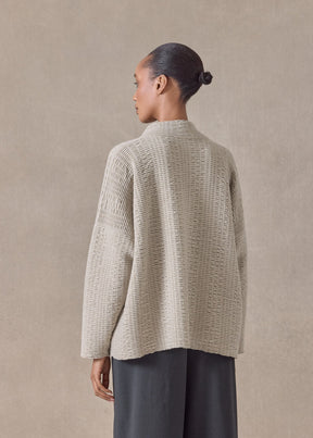 ripple cashmere 3/4 width high neck cardigan - mid (gypsum)