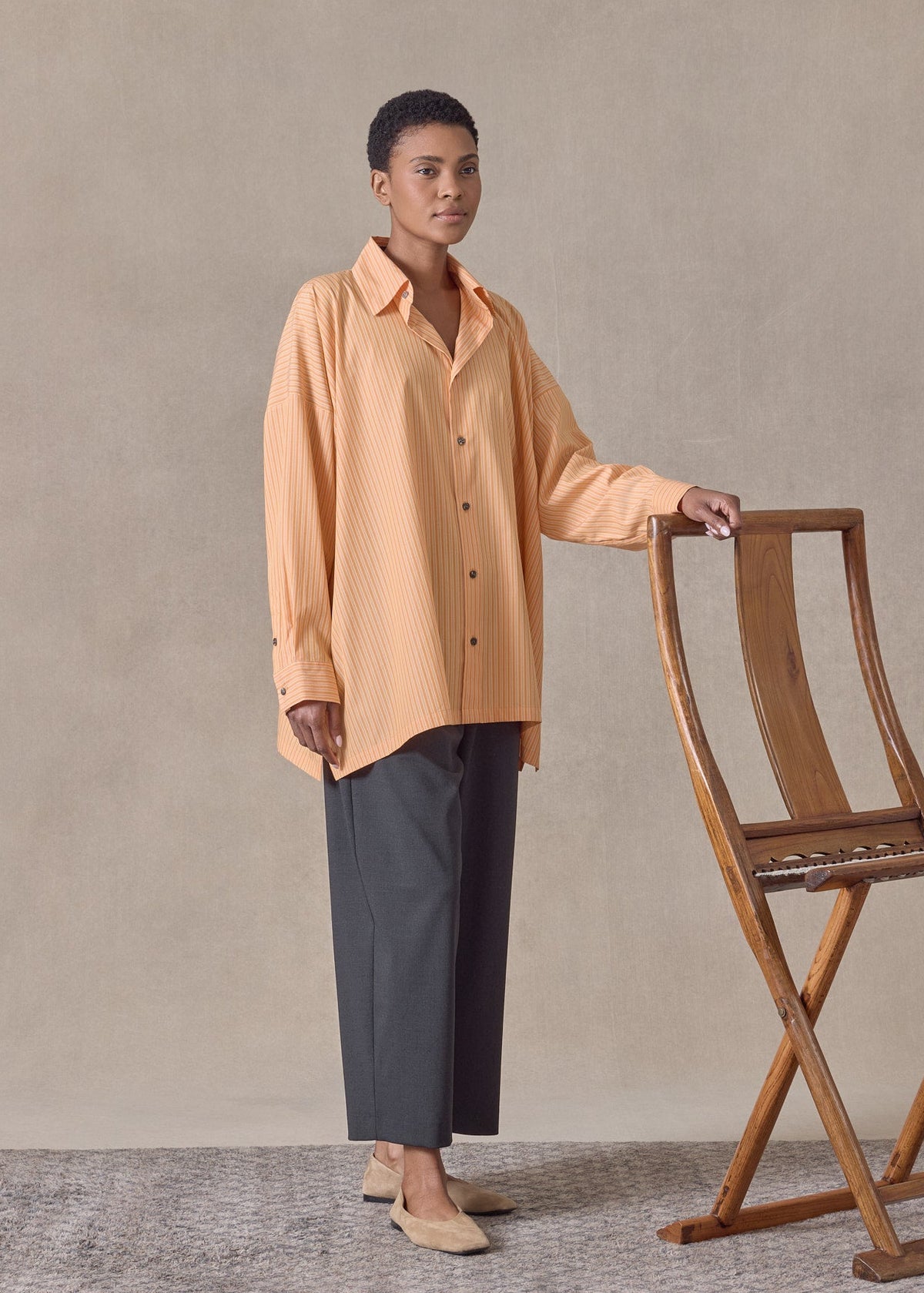 cotton wide a-line shirt with collar - long (tangerine)