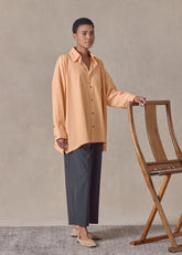 cotton wide a-line shirt with collar - long (tangerine)