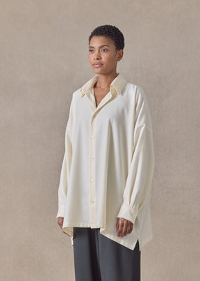 cotton cashmere wide a-line shirt with collar - long (cream)