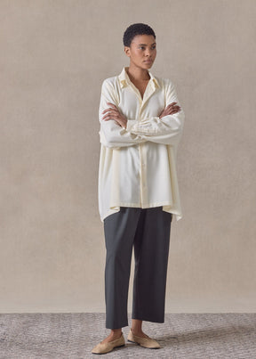 cotton cashmere wide a-line shirt with collar - long (cream)