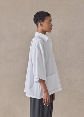 cotton poplin a-line short sleeve shirt with collar - mid (white)