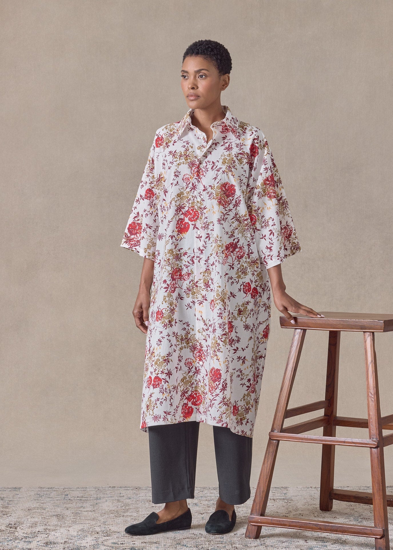 cotton a-line short sleeve shirt dress with collar (red)