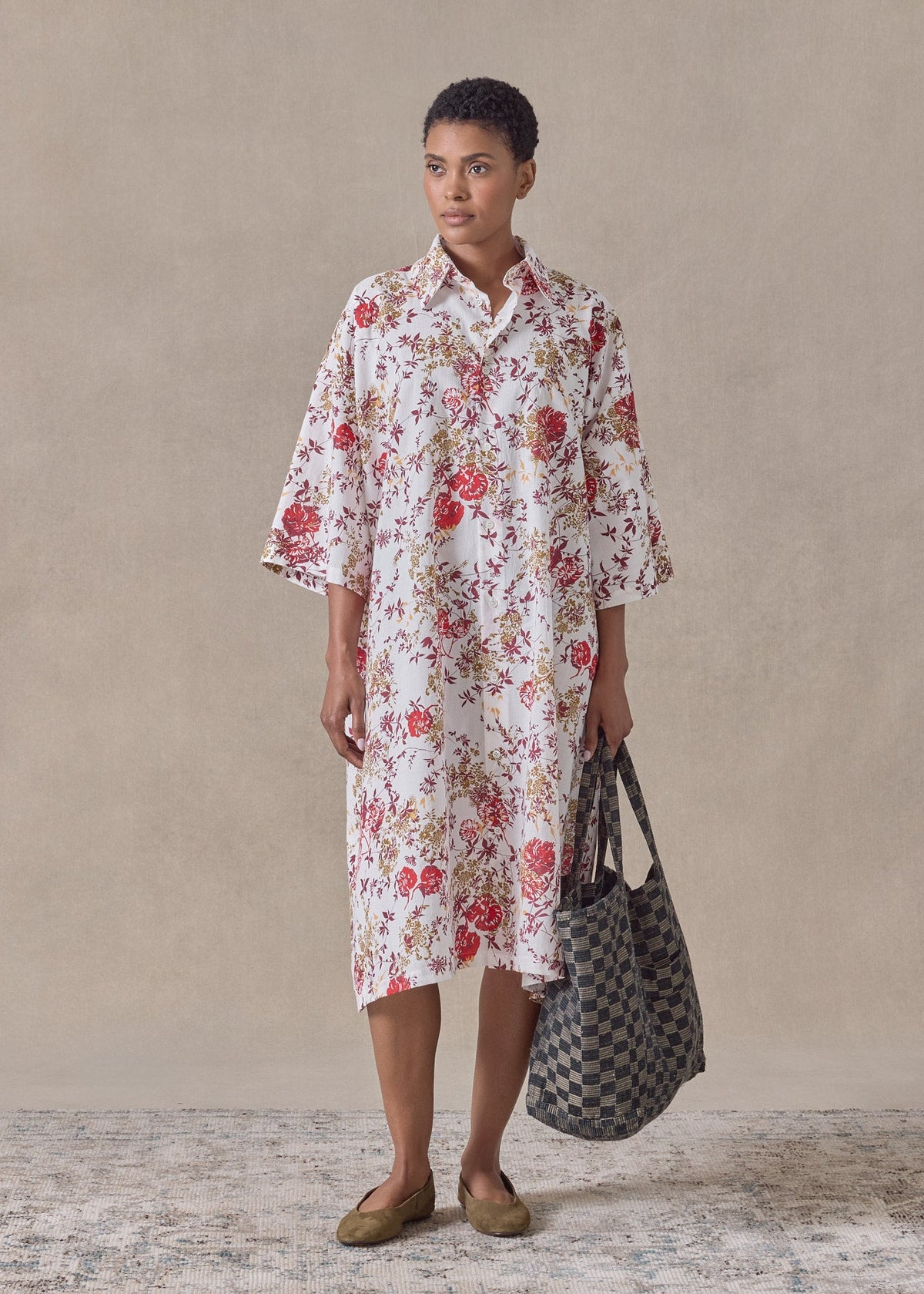 cotton a-line short sleeve shirt dress with collar (red)