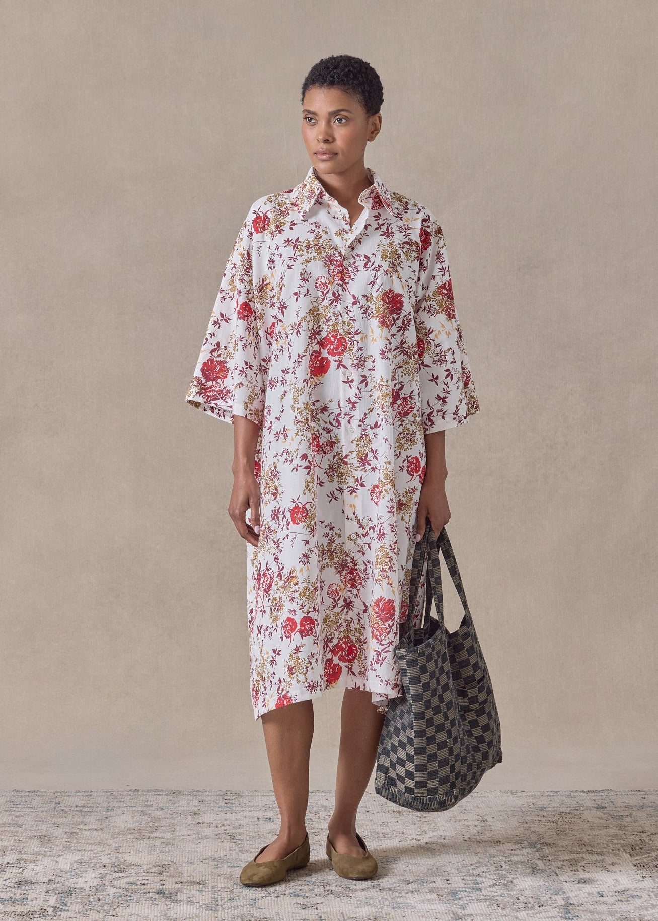 cotton a-line short sleeve shirt dress with collar (red)