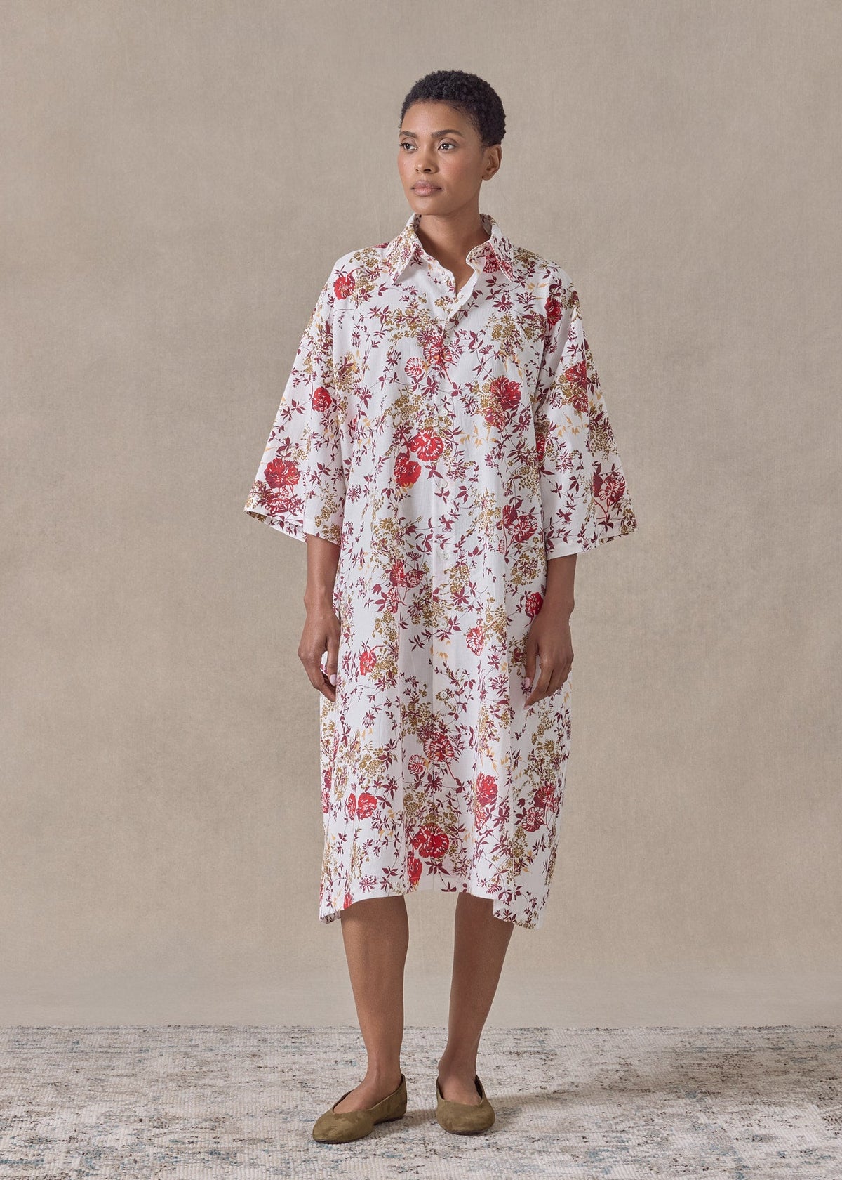 cotton a-line short sleeve shirt dress with collar (red)