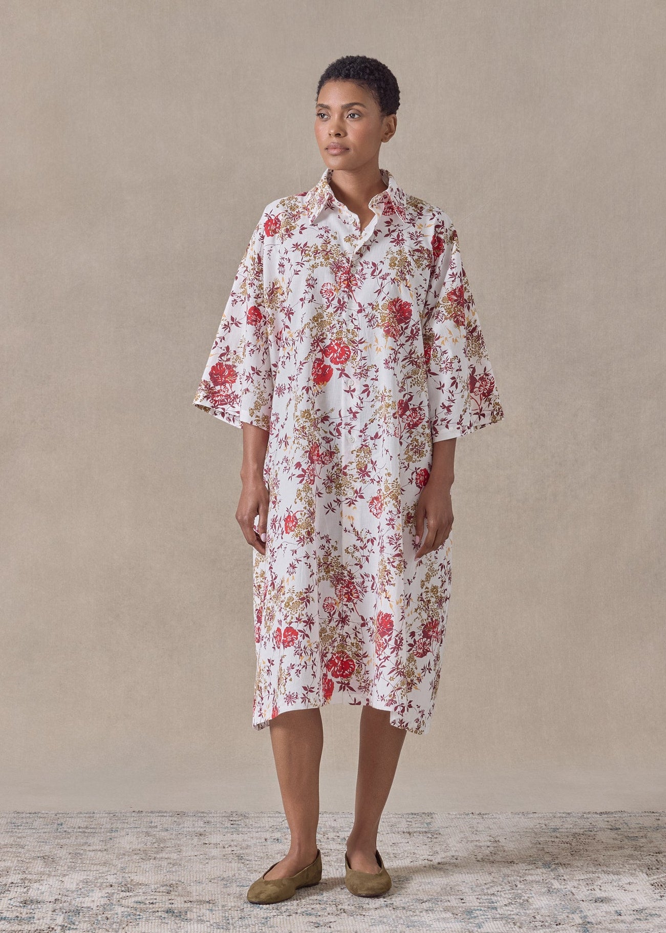 cotton a-line short sleeve shirt dress with collar (red)