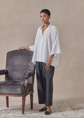 lightweight crepe a-line short sleeve shirt with double stand collar - mid  (white)