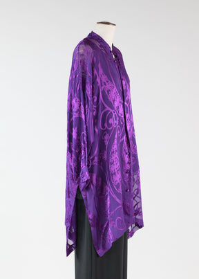 silk mix wide collarlarless shirt - very long with slits