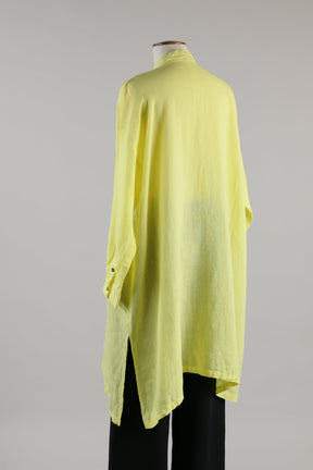 linen wide a-line collarless shirt - very long with slits (lemonsour)
