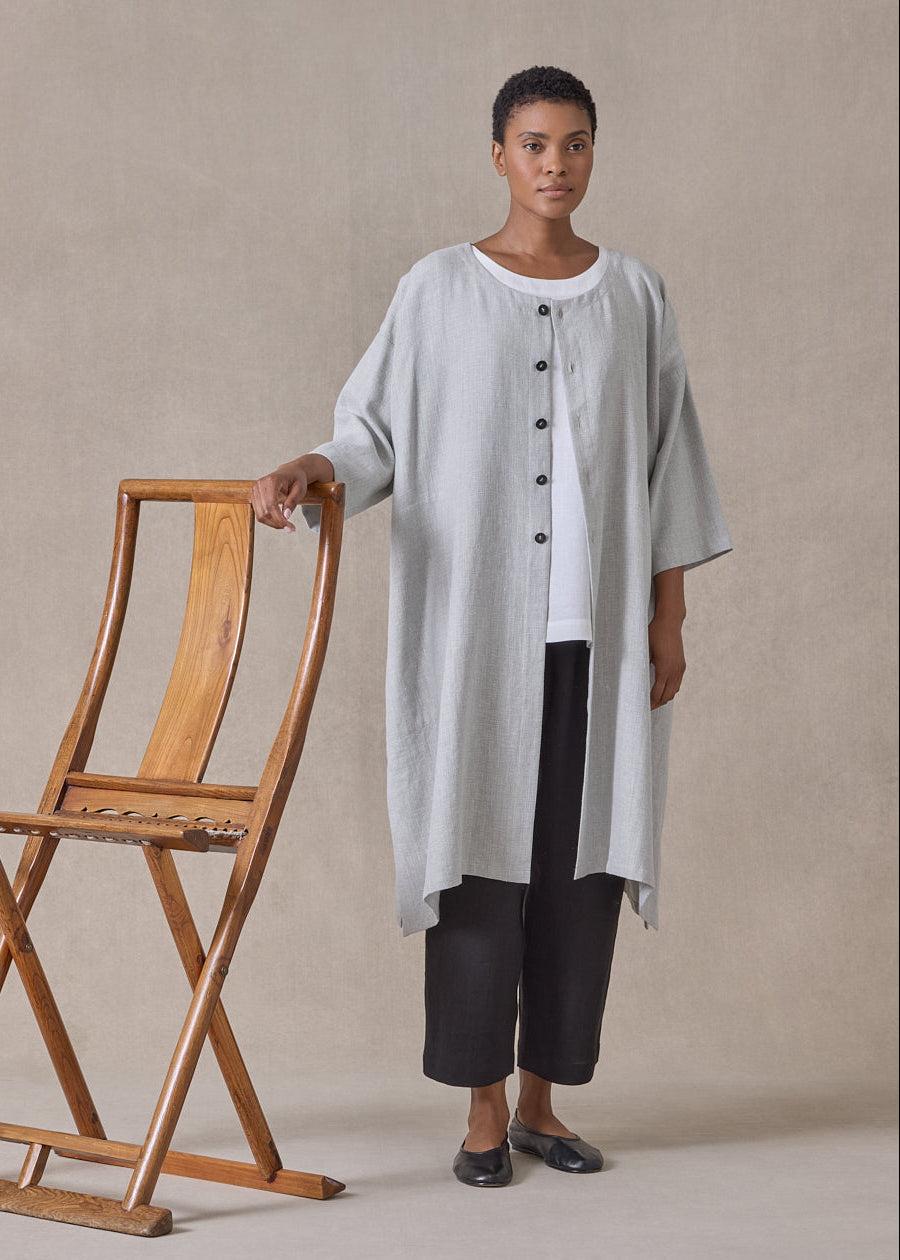 linen mix 3/4 sleeve wide a-line round neck coat - very long (cloud)