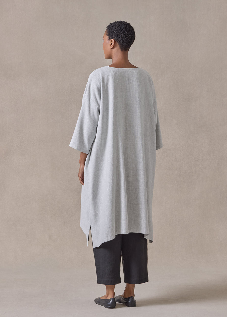 linen mix 3/4 sleeve wide a-line round neck coat - very long (cloud)