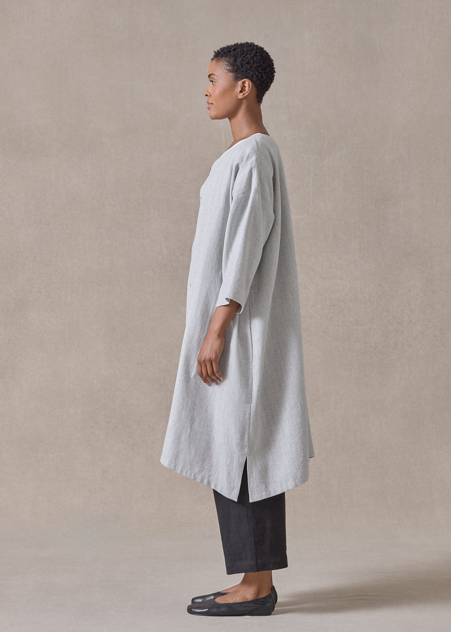 linen mix 3/4 sleeve wide a-line round neck coat - very long (cloud)
