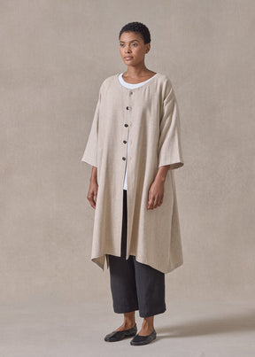 linen mix 3/4 sleeve wide a-line round neck coat - very long (natural)
