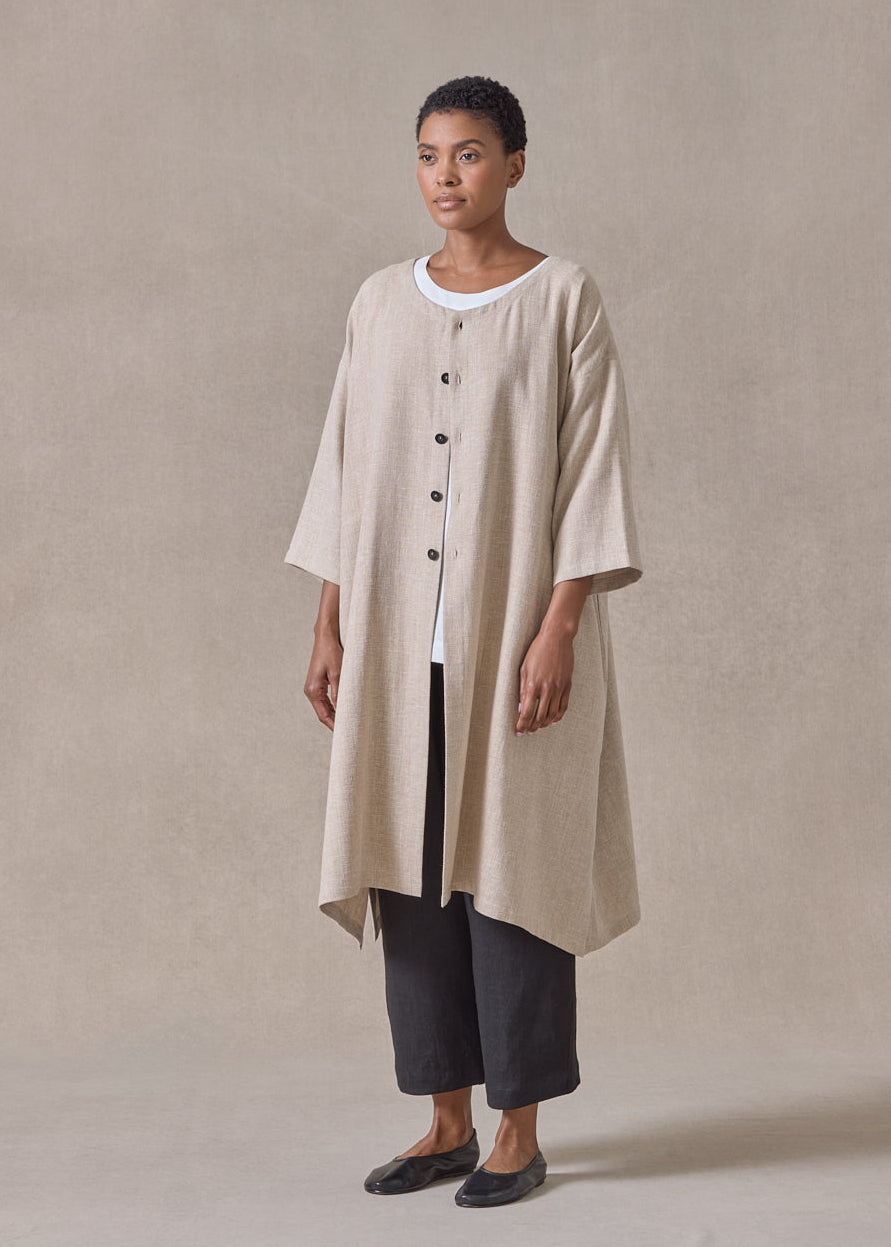 linen mix 3/4 sleeve wide a-line round neck coat - very long (natural)