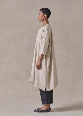 linen mix 3/4 sleeve wide a-line round neck coat - very long (natural)