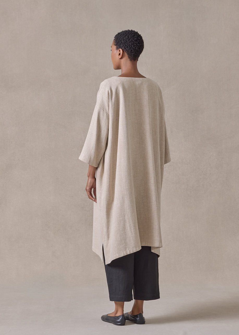 linen mix 3/4 sleeve wide a-line round neck coat - very long (natural)