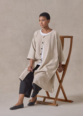 linen mix 3/4 sleeve wide a-line round neck coat - very long (natural)