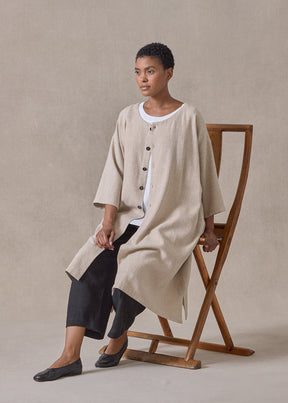 linen mix 3/4 sleeve wide a-line round neck coat - very long (natural)