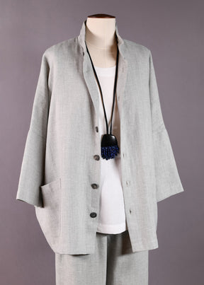 3/4 sleeve sloped shoulder jacket with double stand collar- long