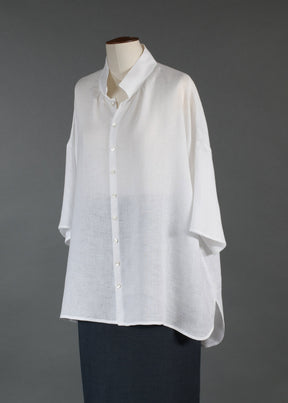 linen slope shldr wide aline pleat col short slv shirt-l