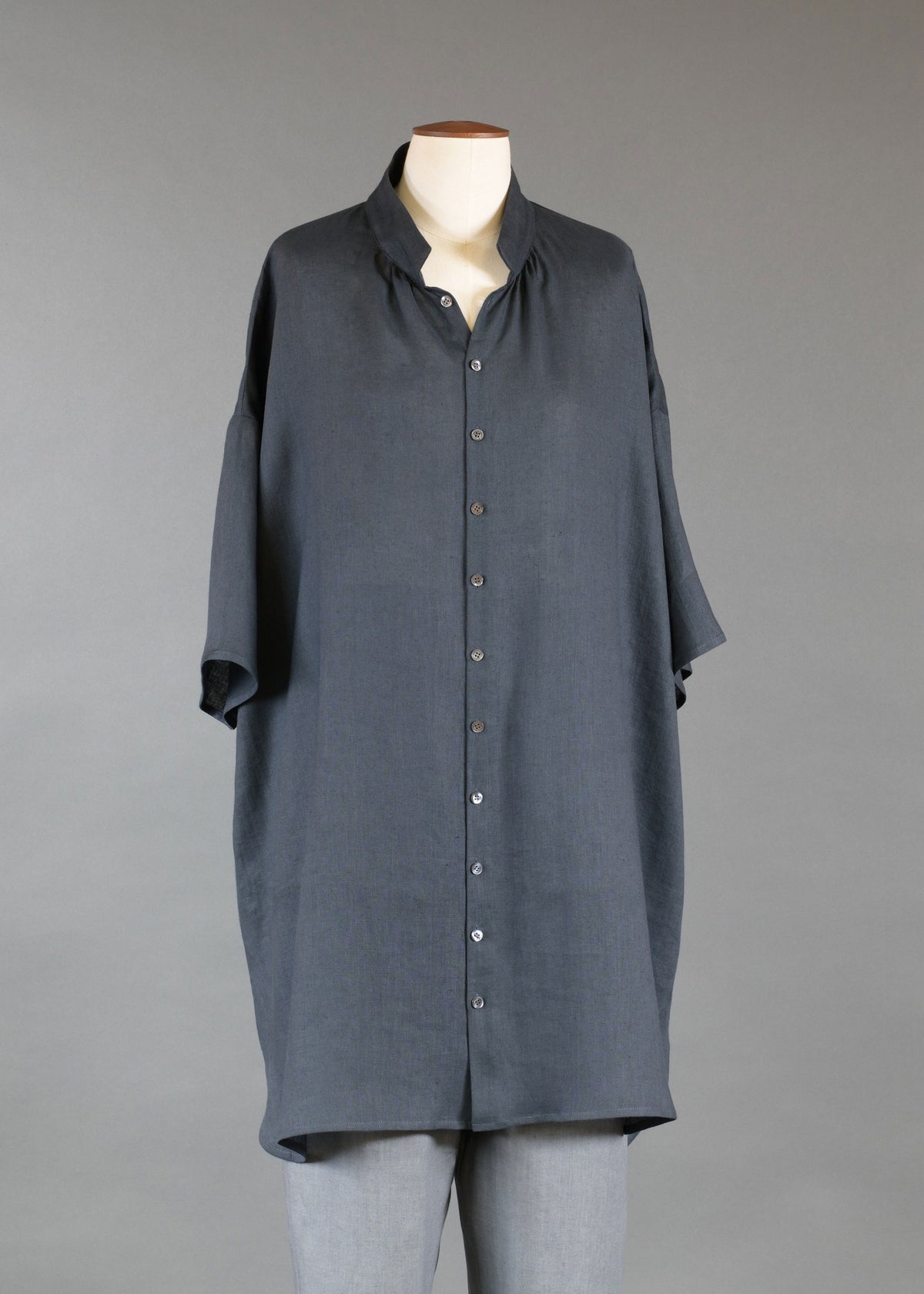 linen slope shldr aline pleat col short slv shirt-v long