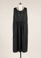 silk sleeveless round neck dress with 'pleated panels'
