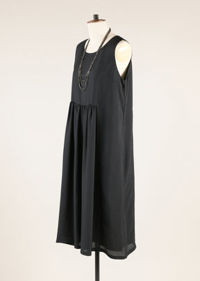 silk sleeveless round neck dress with 'pleated panels'